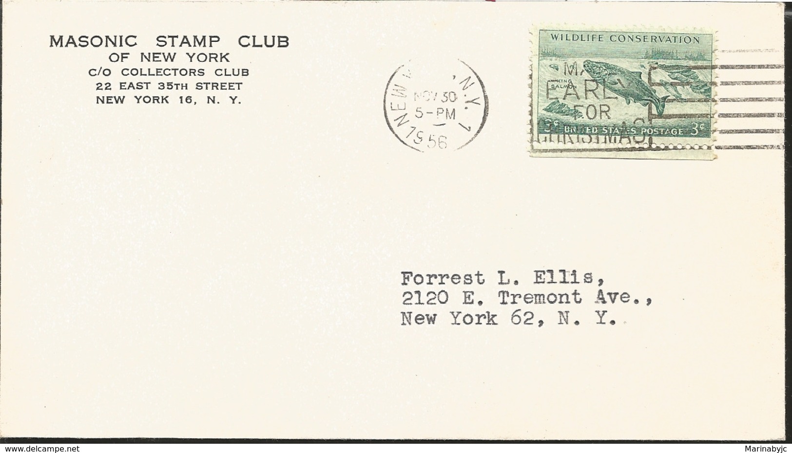 J) 1956 UNITED STATES, MASONIC STAM CLUB, WILDLIFE CONSERVATION, KING SALMON, CIRCULATED COVER, INTERIOR MAIL WITHIN TO - Other & Unclassified