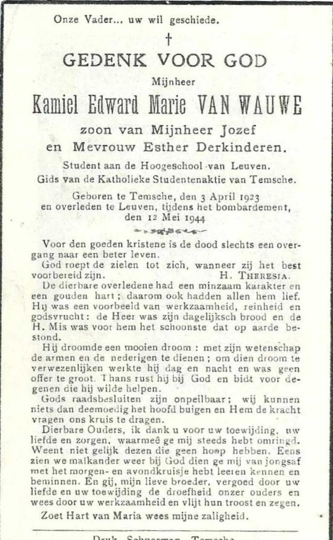 Doodsprentje Van Kamiel VAN WAUWE- ° TEMSE 1923- * LEUVEN- Bombardement Van 12 Mei 1944- Student - Religion & Esotérisme