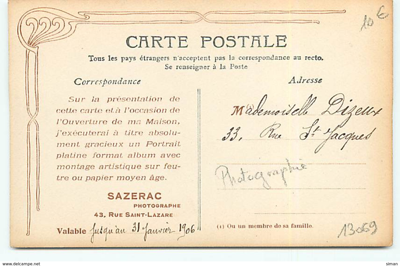 N°13069 - Sazerac - Photographe - 43 Rue Saint Lazare - Carte Publicitaire Pour L'ouverture Du Magasin - Photographs