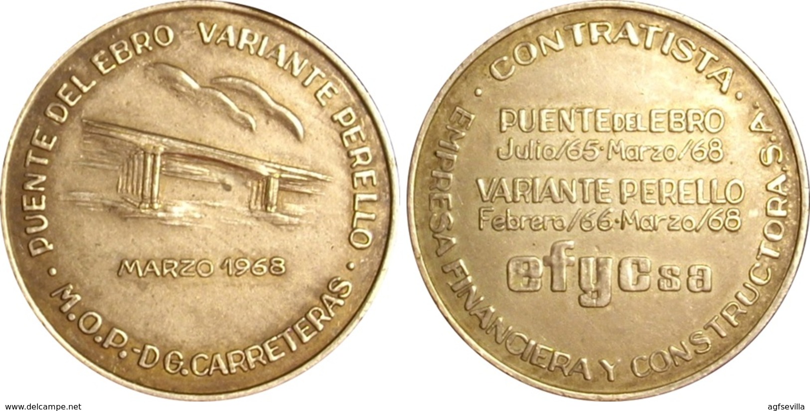 ESPAÑA. MEDALLA INAUGURACIÓN VARIANTE DE PERELLO Y PUENTE SOBRE EL EBRO. 1.968. PLATA. ESPAGNE. SPAIN MEDAL - Firma's