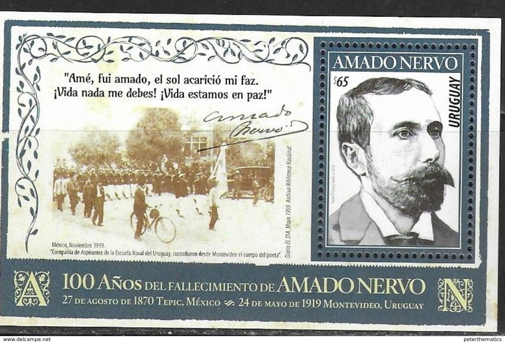 URUGUAY, 2019, MNH,AMADO NERVO , POETS, BICYCLES, S/SHEET - Writers