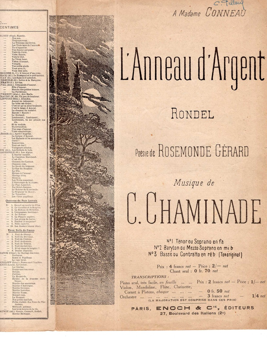 CAF CONC RONDEL ROMANCE PARTITION XIX L'ANNEAU D'ARGENT CHAMINADE ROSEMONDE GÉRARD [ÉPOUSE EDMOND ROSTAND] CONNEAU ILL - Sonstige & Ohne Zuordnung