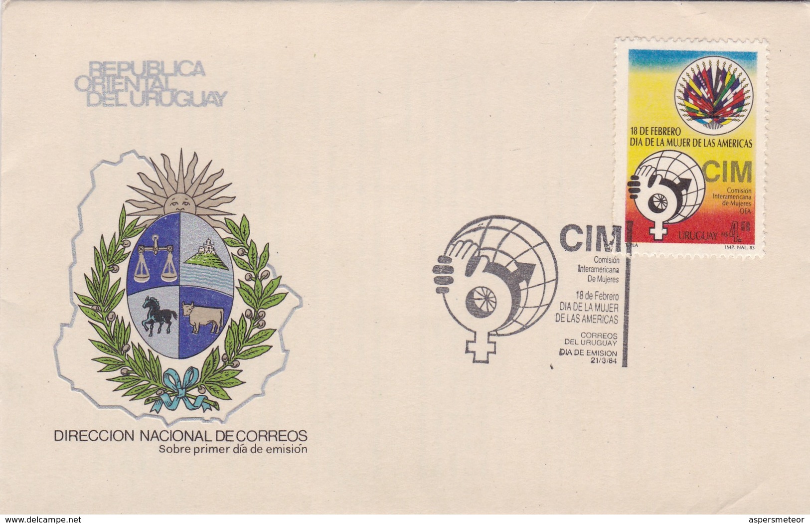 1984 URUGUAY FDC COVER- CIM COMISION INTERNACIONAL DE LAS MUJERES, DIA DE LA MUJER DE LAS AMERICAS-BLEUP - Uruguay