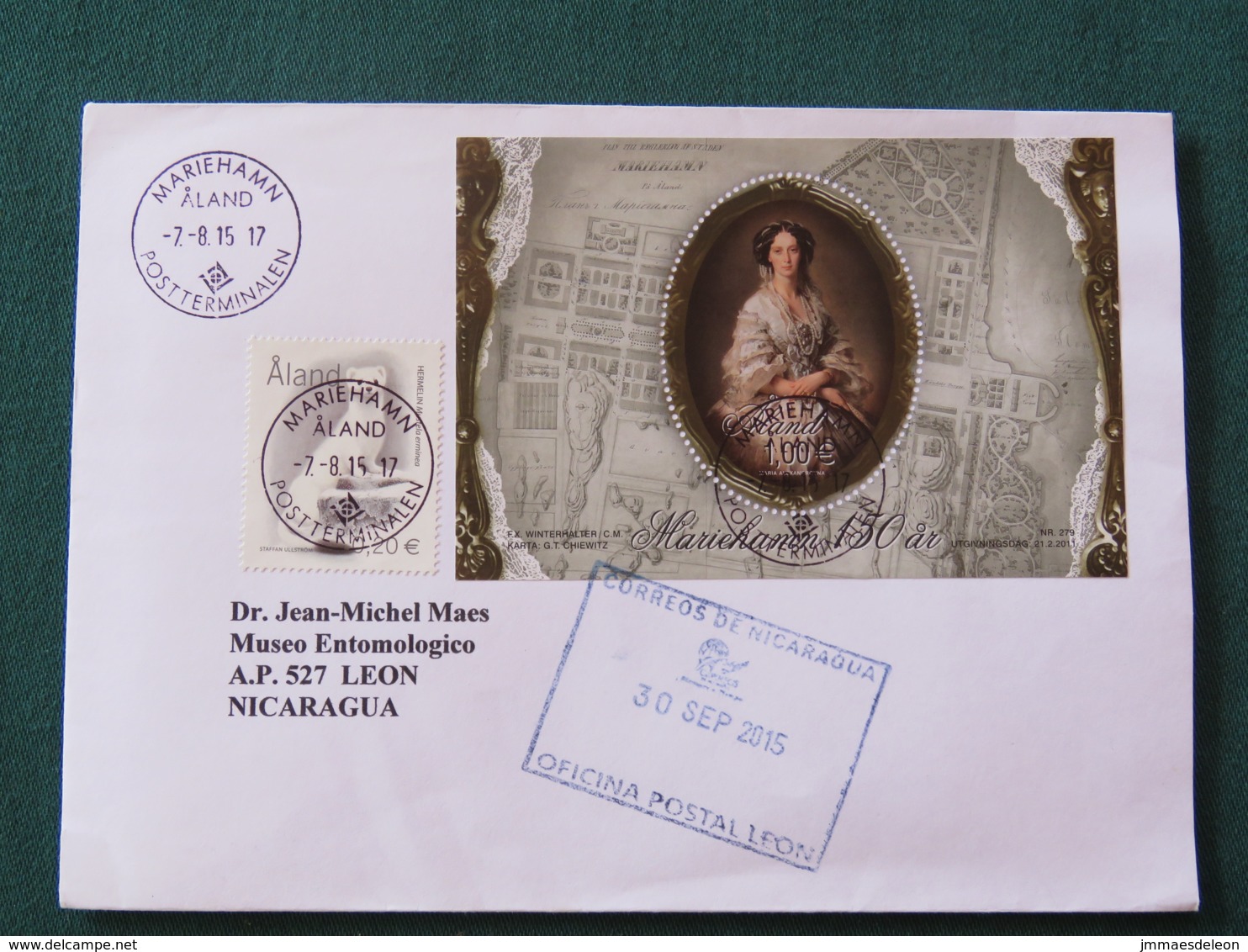 Aland 2015 Cover To Nicaragua - Painting Round Stamp - Aland