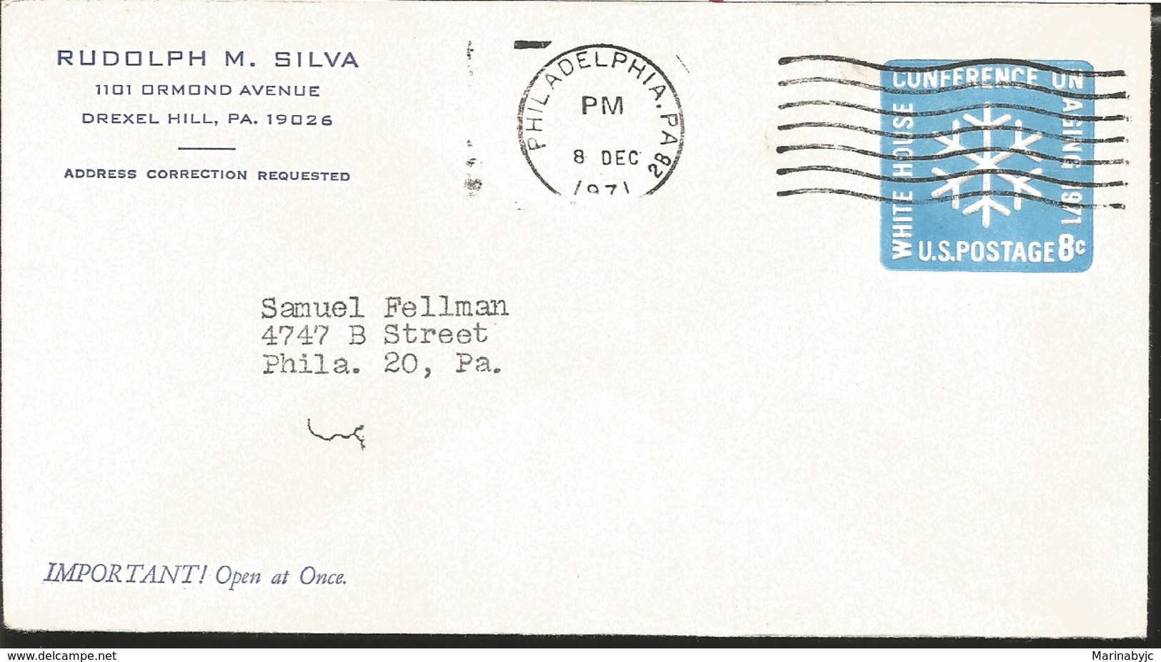 J) 1971 UNITED STATES, WHITE HOUSE CONFETENCE ON AGING 1971, POSTAL STATIONARY, INTERIOR MAIL WITHIN TO PHILADELPHIA - Sonstige & Ohne Zuordnung