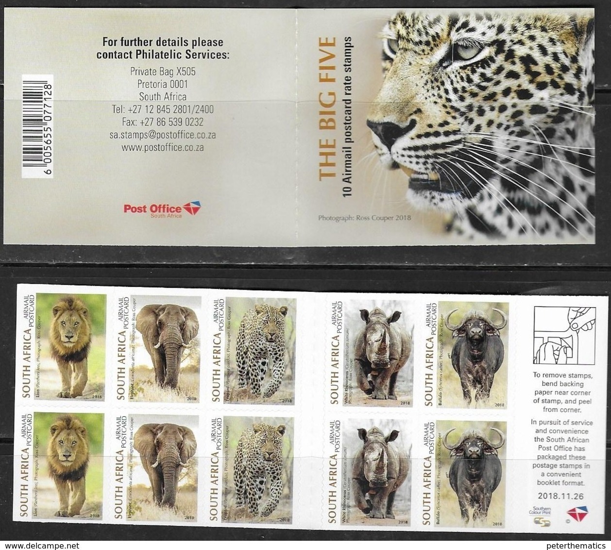 SOUTH AFRICA, 2018, MNH, FAUNA, BIG FIVE, LIONS, ELEPHANTS, LEOPARDS, RHINOS, BUFFALO, S/A BOOKLET OF10v - Big Cats (cats Of Prey)