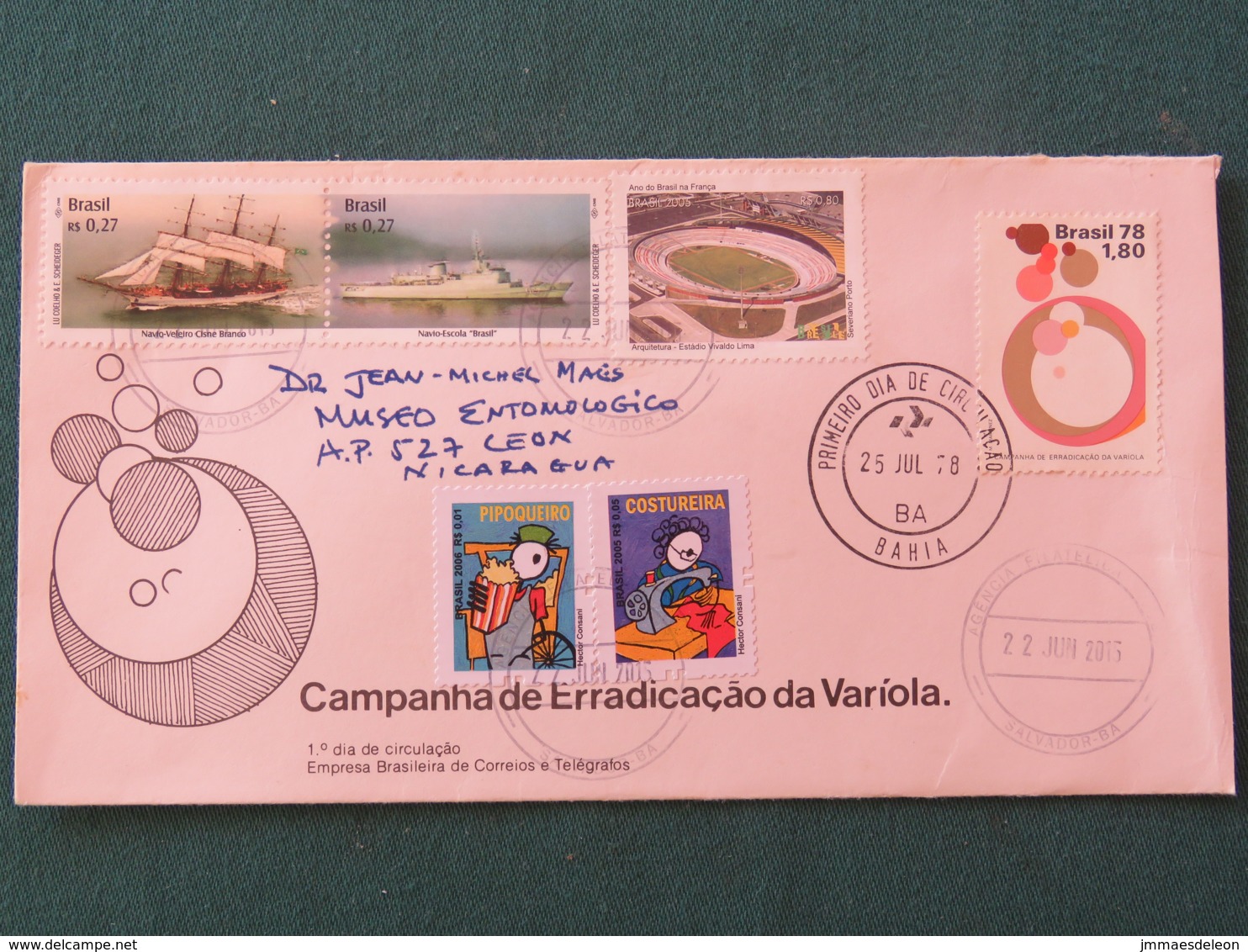 Brasil 2015 Cover To Nicaragua - Ships - Sport Stadium - Jobs - Variola Disease Erradication - Lettres & Documents