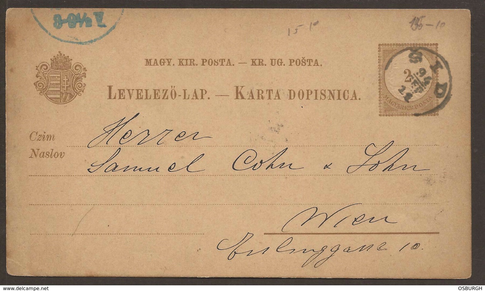 HUNGARY / SERBIA. 1894. 2kr CARD. POSTMARK. SID. ADDRESSED TO AUSTRIA. - Covers & Documents