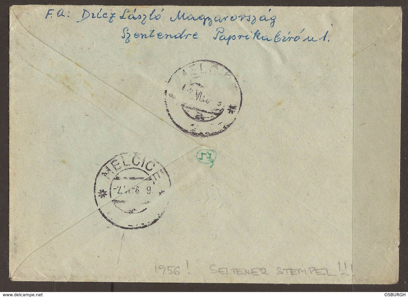 HUNGARY / SLOVAKIA. 1956. 1st CZECH REPUBLIC CANCEL ON REVERSE. REGISTERED COVER SZENTANDRE TO MELCICE. ARRIVAL FROM PRE - Covers & Documents