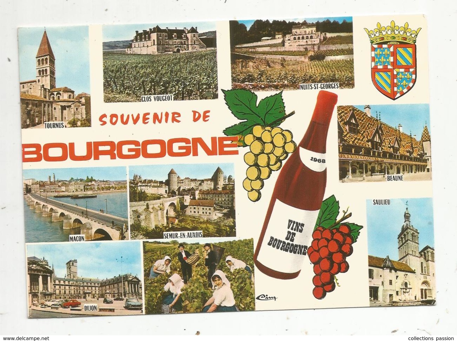 Cp , Vignes , Vin,souvenir De BOURGOGNE , NUITS ST GEORGES , CLOS VOUGEOT.... Voyagée ,blason R. Louis - Vigne