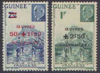 Détail De La Série Maréchal Pétain Surchargés -> Oeuvres Coloniales ** Guinée N° 185 - 186 - 1944 Maréchal Pétain, Surchargés – Œuvres Coloniales