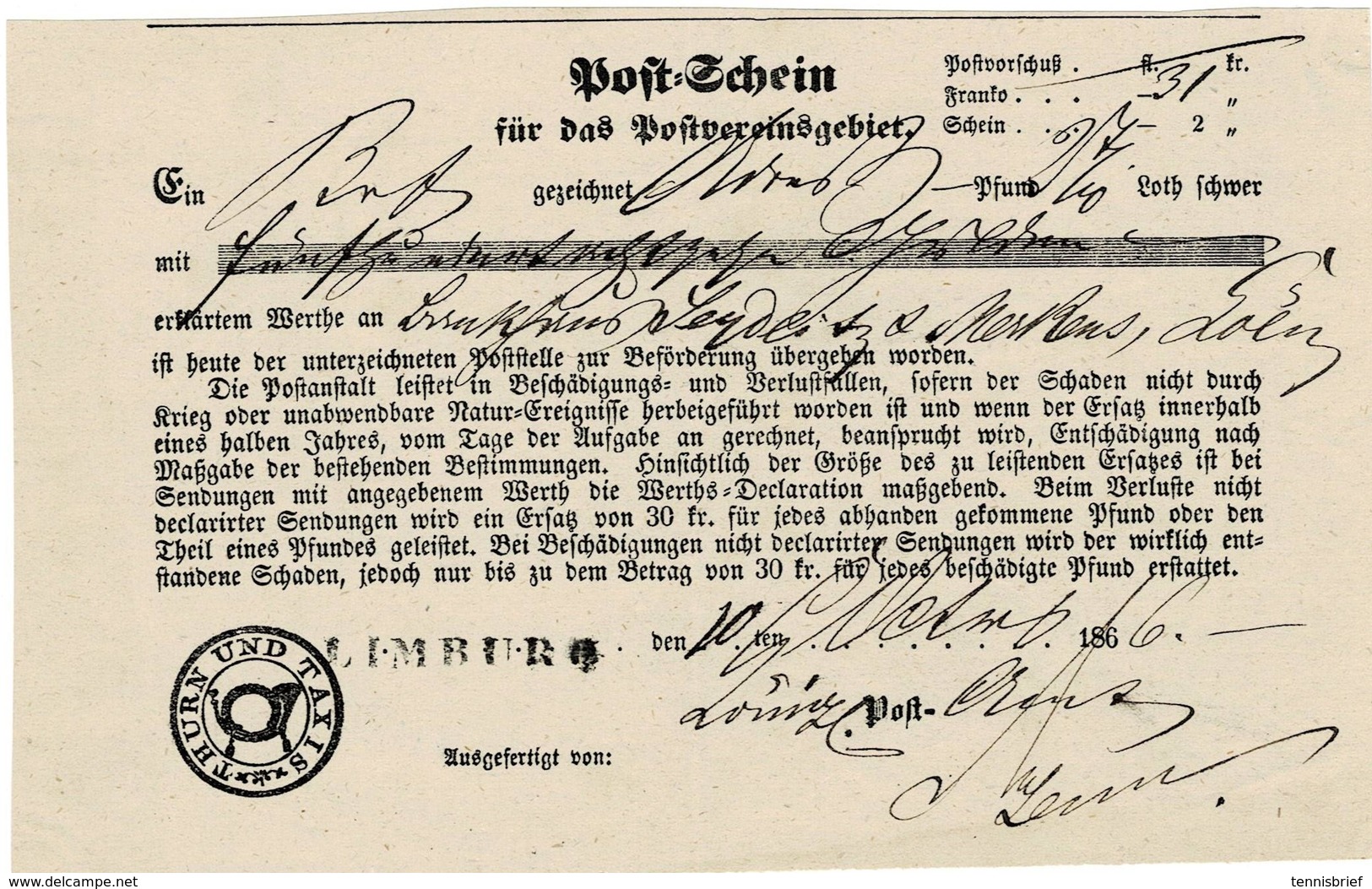 1866, Postschein,seltener  L1  " LIMBURG " , A2102 - Sonstige & Ohne Zuordnung