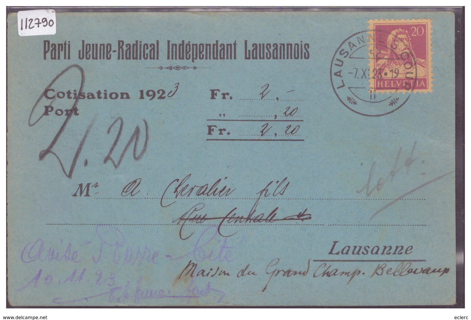 LAUSANNE - PARTI JEUNE RADICAL INDEPENDANT - COTISATION 1923 - B ( LEGERS PLIS ) - Lausanne