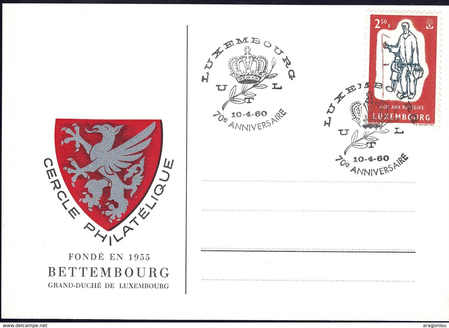 1960 Carte Cachet Spécial 70e Anniversaire UTL, Blason Bettembourg, Michel 2019: 618 - Varietà & Curiosità