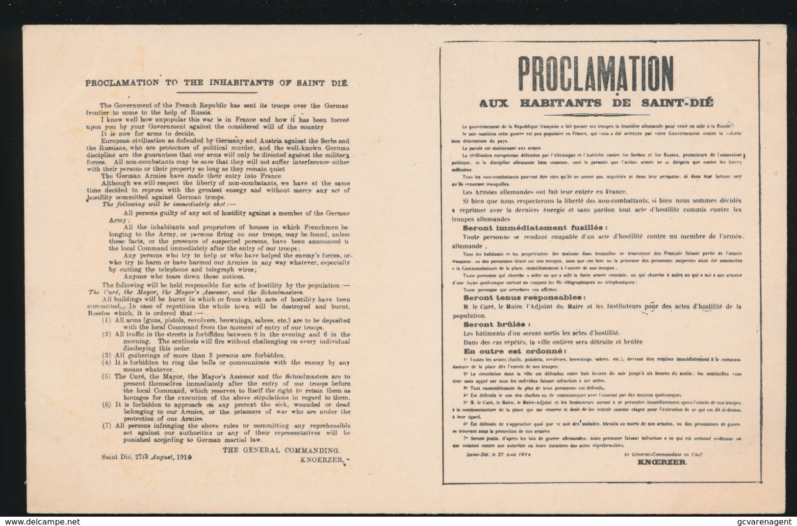 MILITAIRE ALLEMANDE  :::  PROCLAMATION AUX HABITANTS DE SAINT DIE - Guerra 1914-18