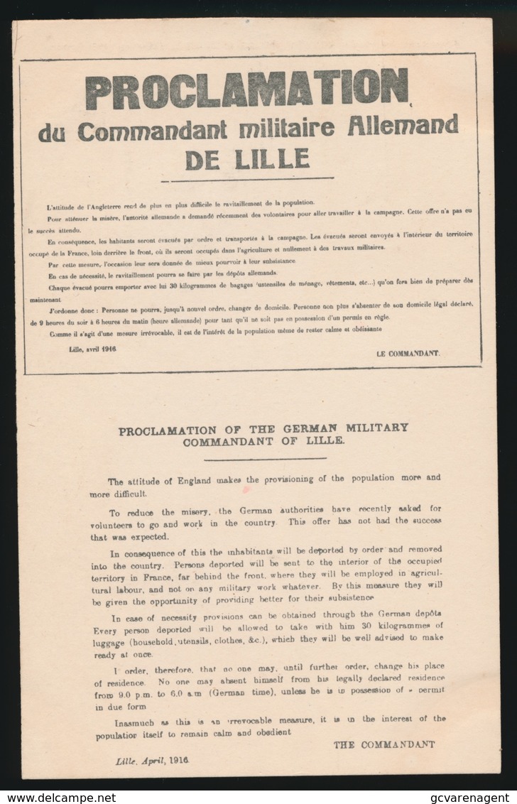 MILITAIRE ALLEMANDE  :::  PROCLAMATION DU COMMANDANT MILITAIRE ALLEMAND DE LILLE - Guerre 1914-18