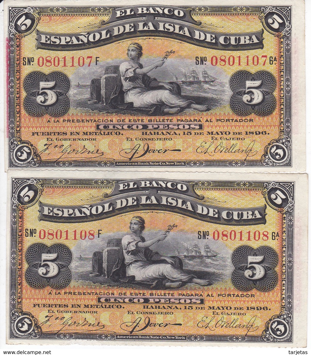 PAREJA CORRELATIVA DEL BANCO ESPAÑOL EN CUBA DE 5 PESOS DEL AÑO 1896 SIN CIRCULAR - UNCIRCULATED(BANKNOTE) - Altri & Non Classificati