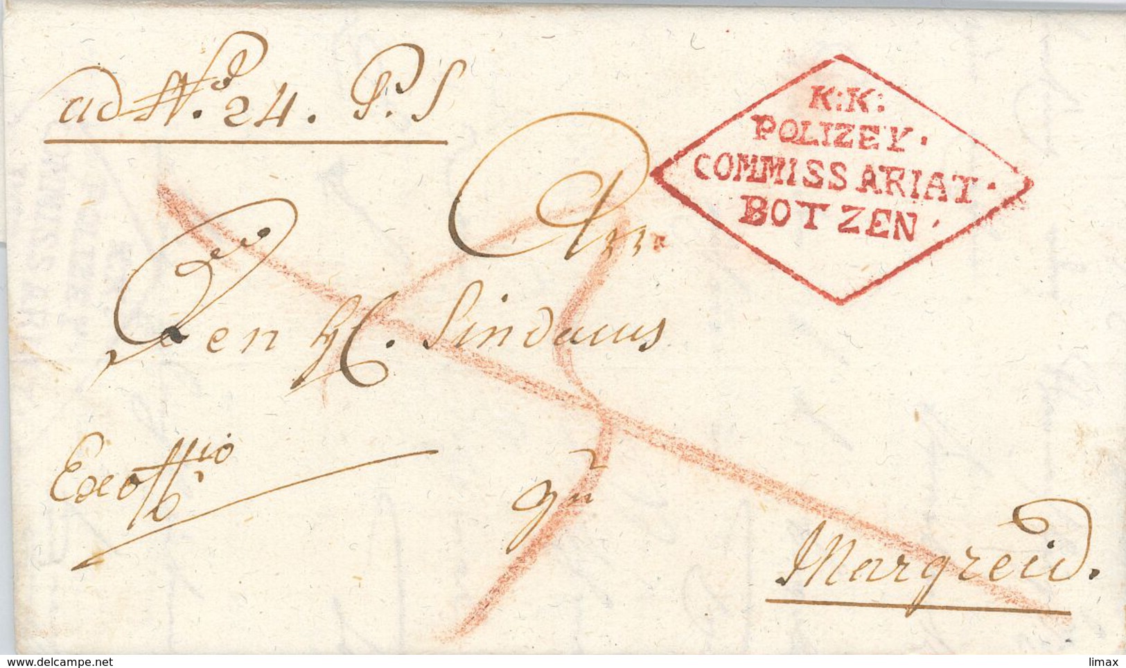 KuK Polizey Commissariat Botzen (Polizei Bozen) Brief Nach Margreid ("deutsches Südtirol" Salurner Klause) 1814 Napoleon - ...-1850 Vorphilatelie