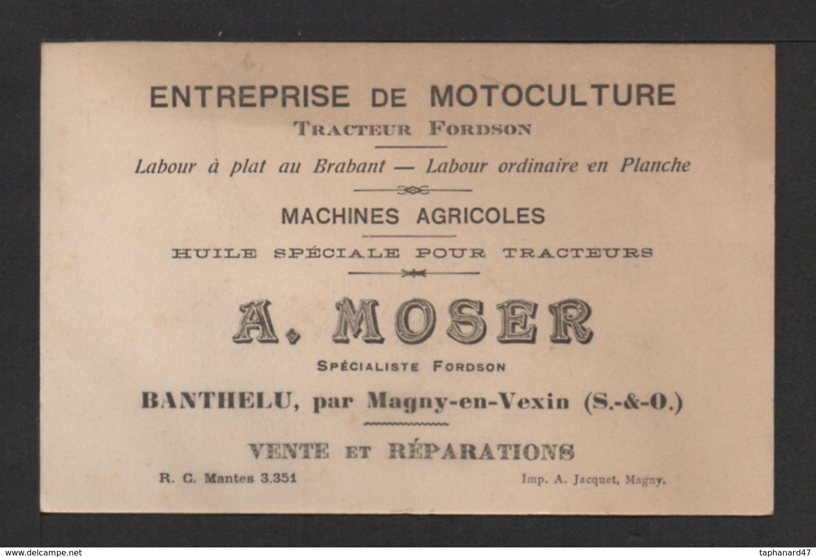 Carte De Visite "Entreprise De Motoculture" Tracteur FORDSON . Machines Agricoles . A. MOSER . Magny-en-Vexin . - Visiting Cards