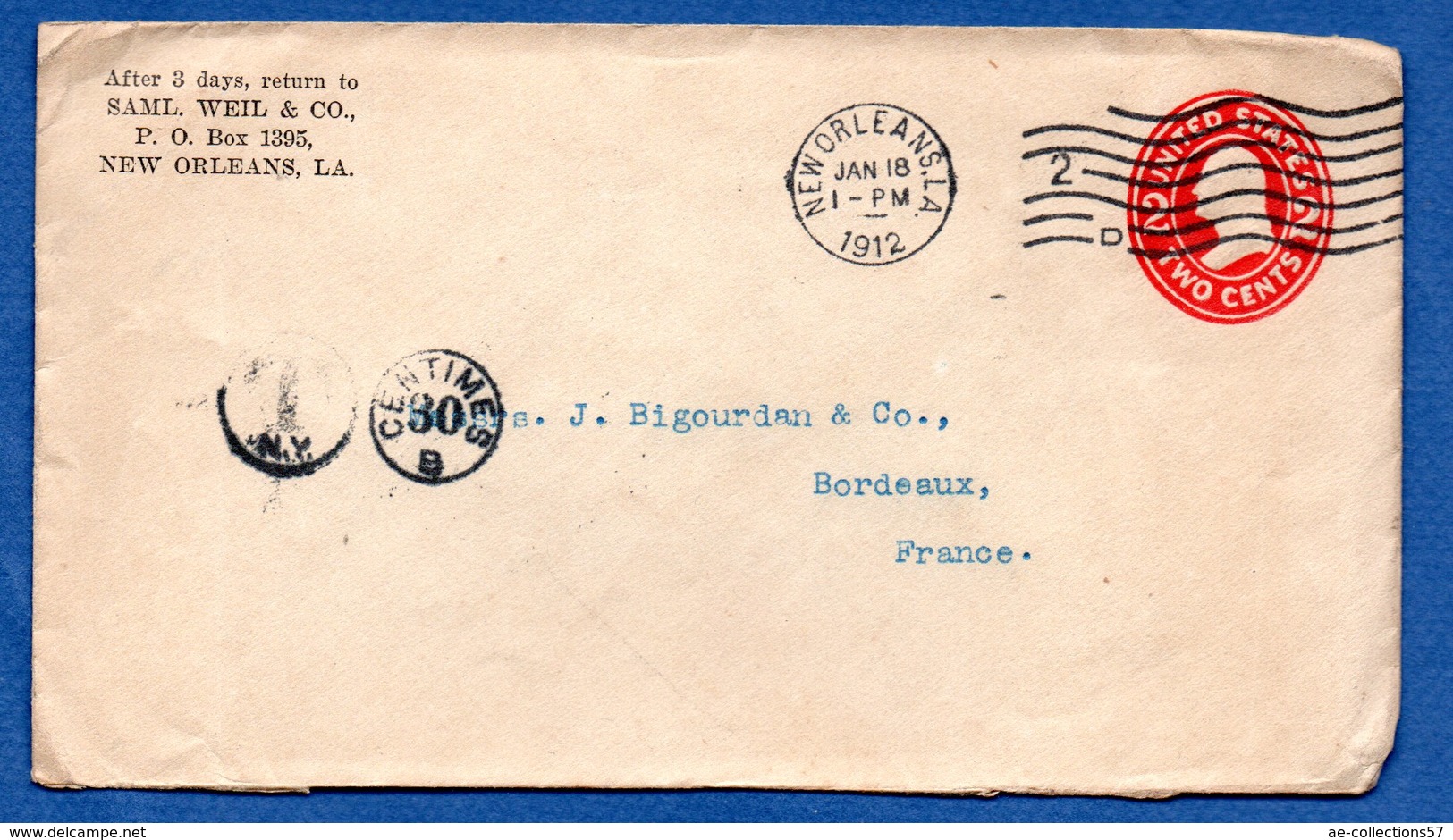 USA -  Entier Postal  -  De New Orléans     Pour Bordeaux   -- 18/01/1912 - 1901-20