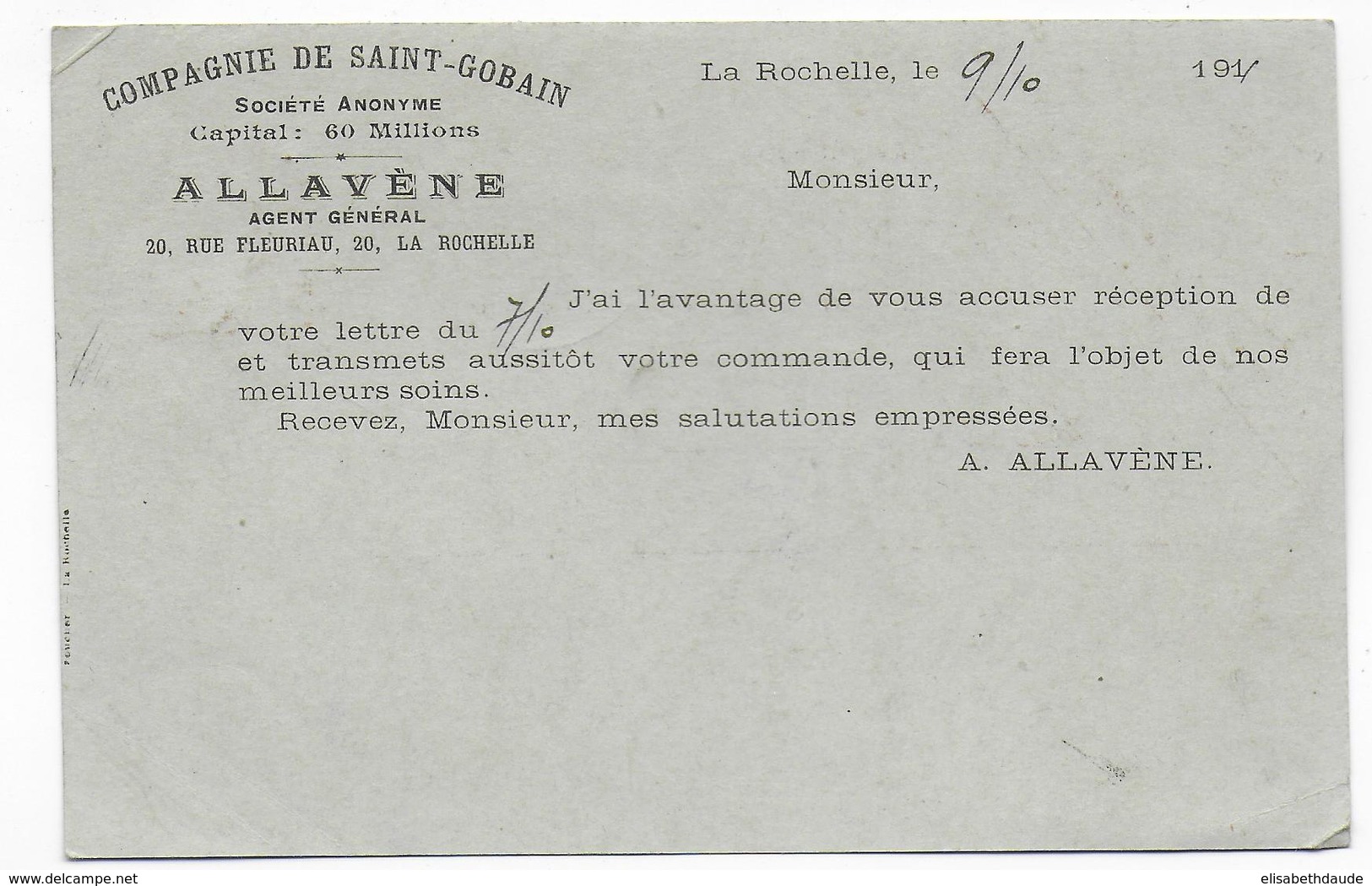1911 - SEMEUSE - CARTE ENTIER 10c AVEC REPIQUAGE ALLAVENE De LA ROCHELLE (CHARENTE INFERIEURE) - Cartoline Postali Ristampe (ante 1955)