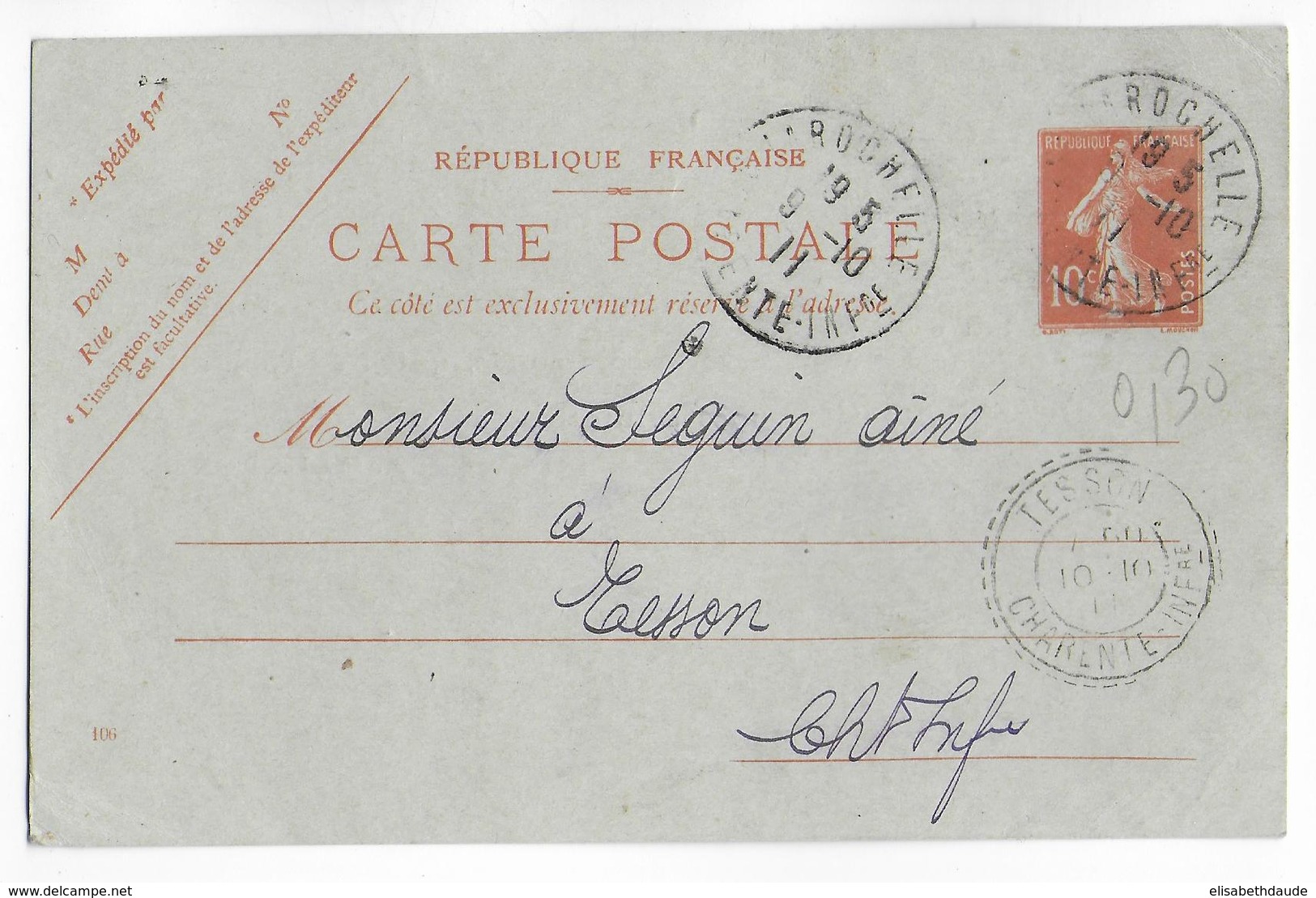 1911 - SEMEUSE - CARTE ENTIER 10c AVEC REPIQUAGE ALLAVENE De LA ROCHELLE (CHARENTE INFERIEURE) - Overprinter Postcards (before 1995)