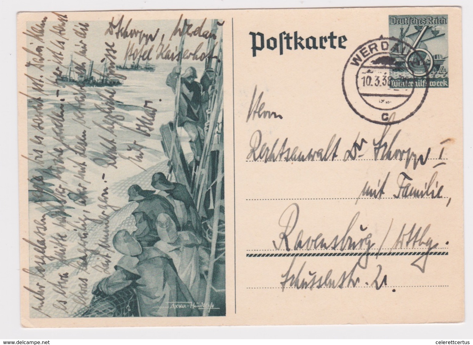 Germany-1938 Third Reich 6 +4 Pf GreenFishermen Winter Help PS Postcard H&G 251 Werdau Cover - Storia Postale