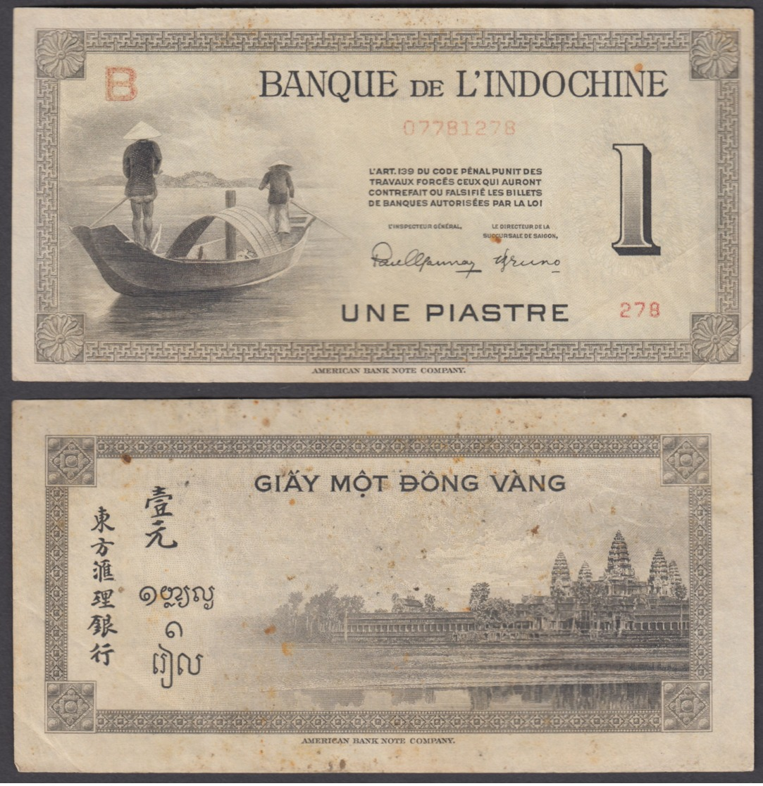 French Indochina 1 Piastre ND 1945 (F-VF) Condition Banknote P-76a - Collections