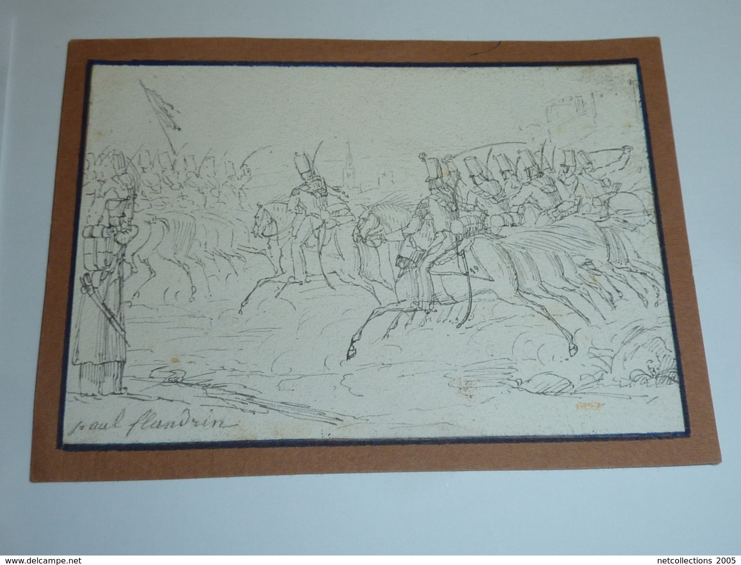 DESSIN DE PAUL FLANDRIN Né à Lyon Le 28 Mai 1811 - CHARGE DE HUSSARDS, Signé PAR L'AUTEUR  (AE) - Dessins