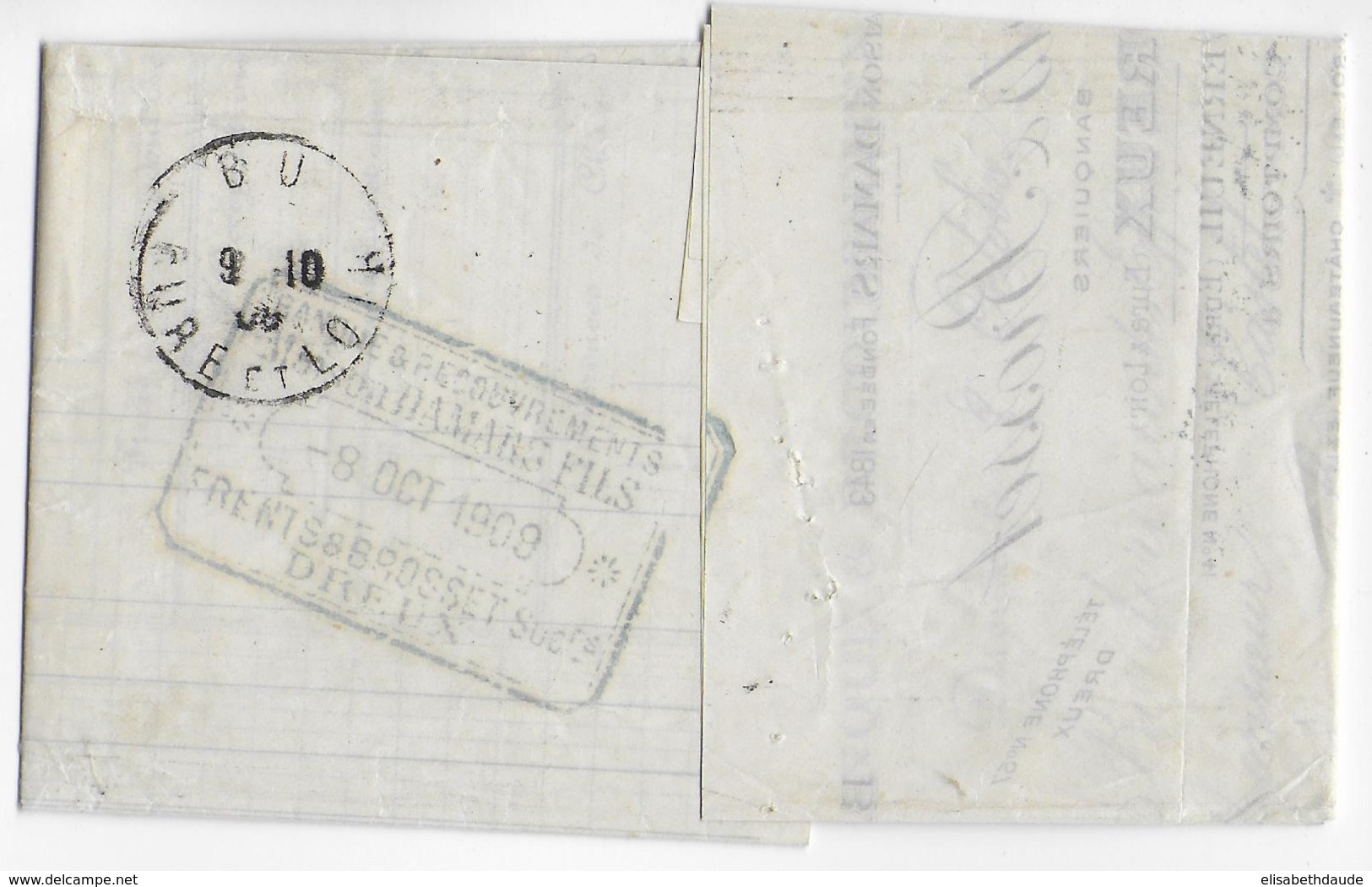 1909 - SEMEUSE 15c SEUL Sur LETTRE "PAPIERS D'AFFAIRES ANNOTES" De DREUX => BU (EURE ET LOIR) - TARIF !! - 1903-60 Semeuse Lignée