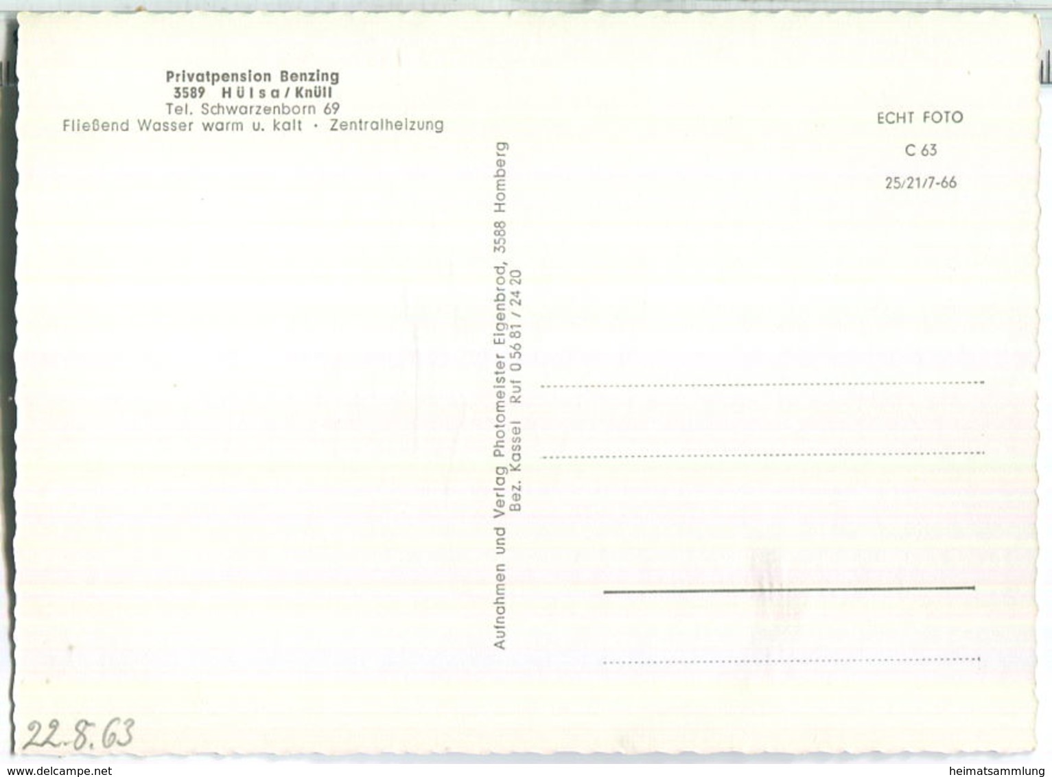 Hülsa-Homberg/Efze - Pension Benzing - Verlag Carl Eigenbrod Homberg 60er Jahre - Foto-Ansichtskarte-Großformat - Homberg