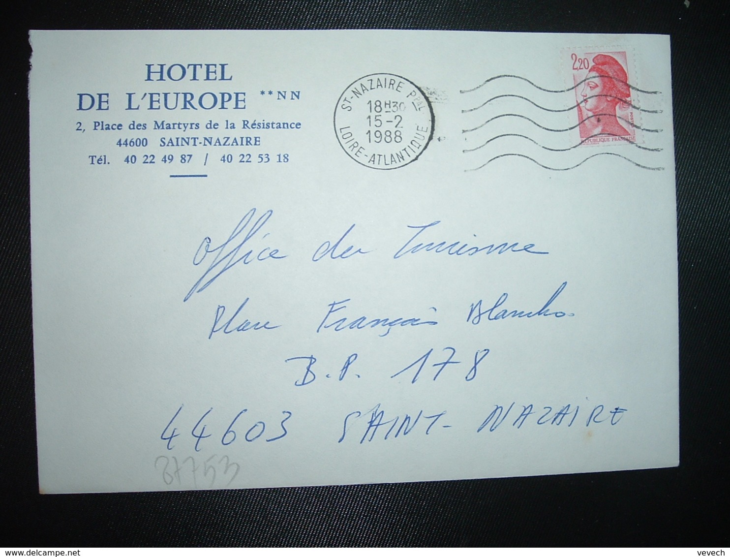 LETTRE TP LIBERTE 2,20 OBL.MEC.15-2 1988 ST NAZAIRE PPAL (44) HOTEL DE L'EUROPE - Otros & Sin Clasificación