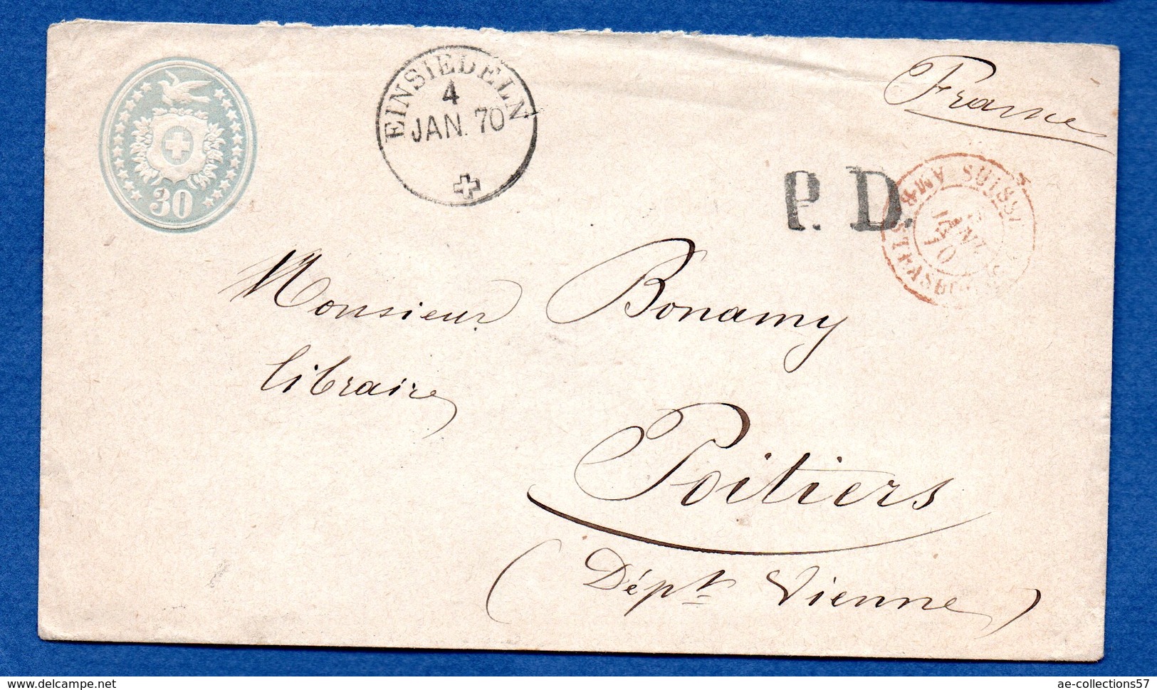 Suisse  -  Entier Postal  De Einsiedeln  --  Pour Poitiers -  4 Jan 1870 - Ganzsachen