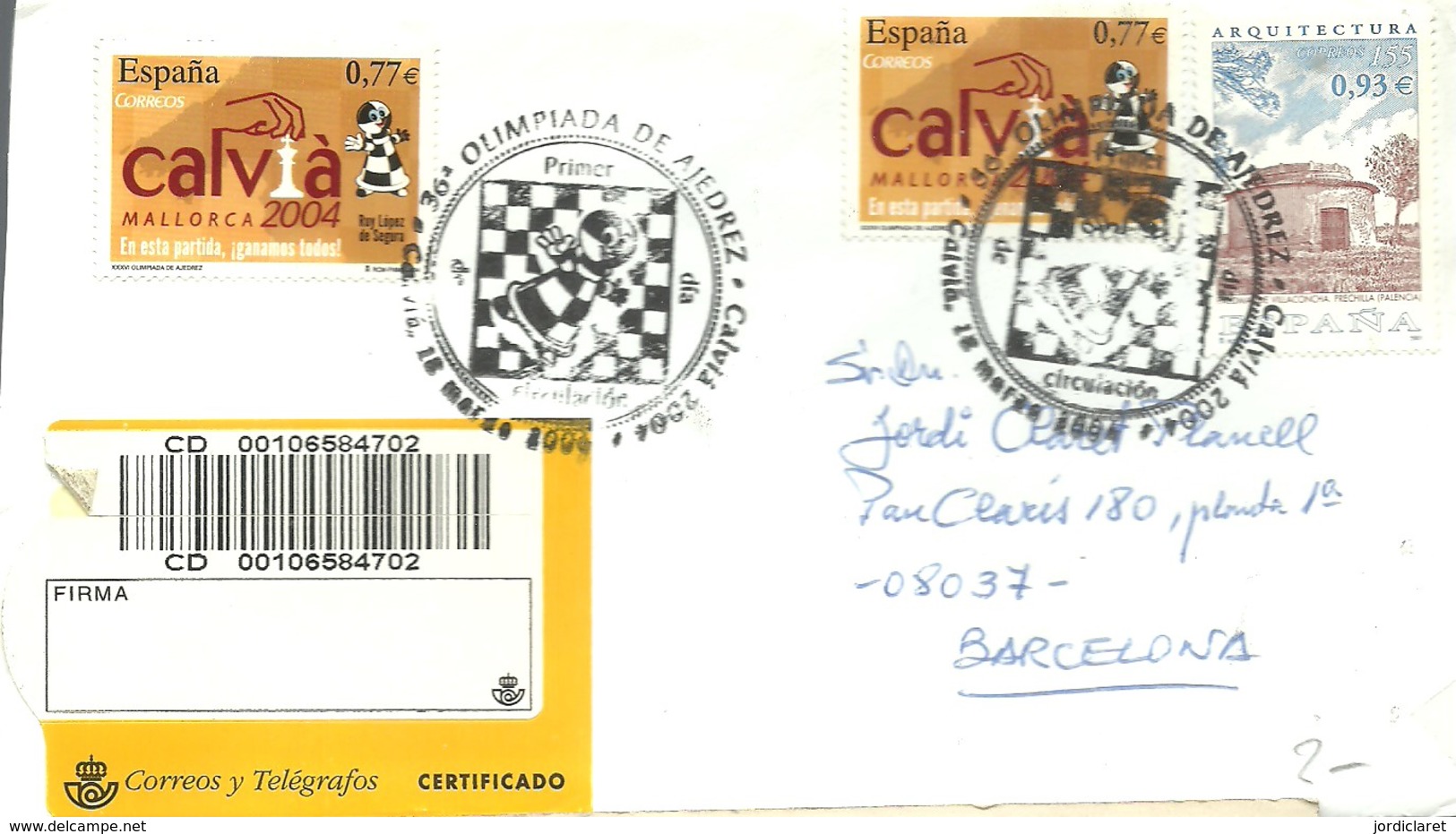 POSTMARKET 2004 ESPAÑA  CALVIA CERTIFICADO - Ajedrez