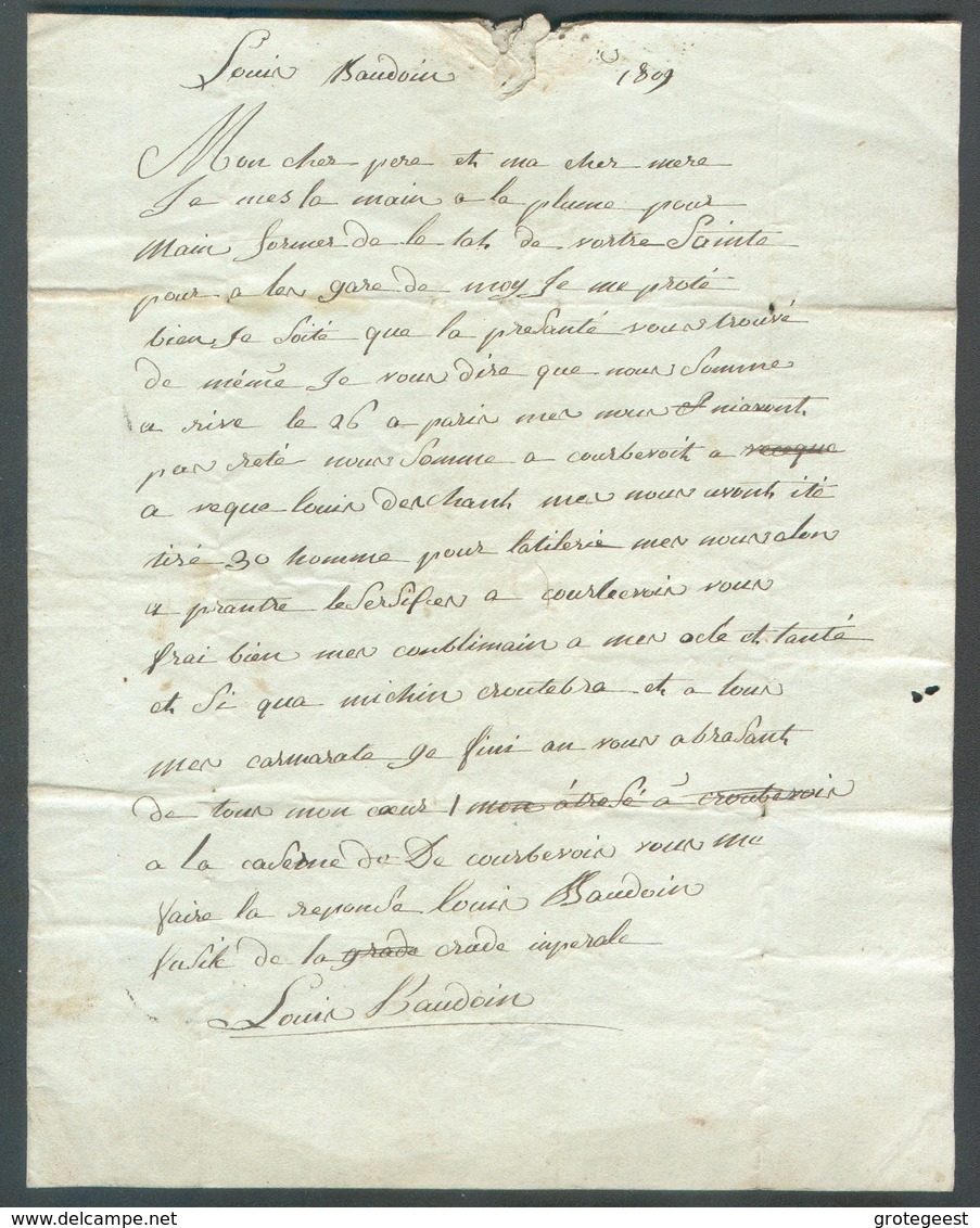 Lettre Griffe Rouge P De PARIS (1809), Vers Fontainebleau; Port De 3 Décimes.  Contenu Intéressant :Louis Baudoir  Solda - 1792-1815: Conquered Departments