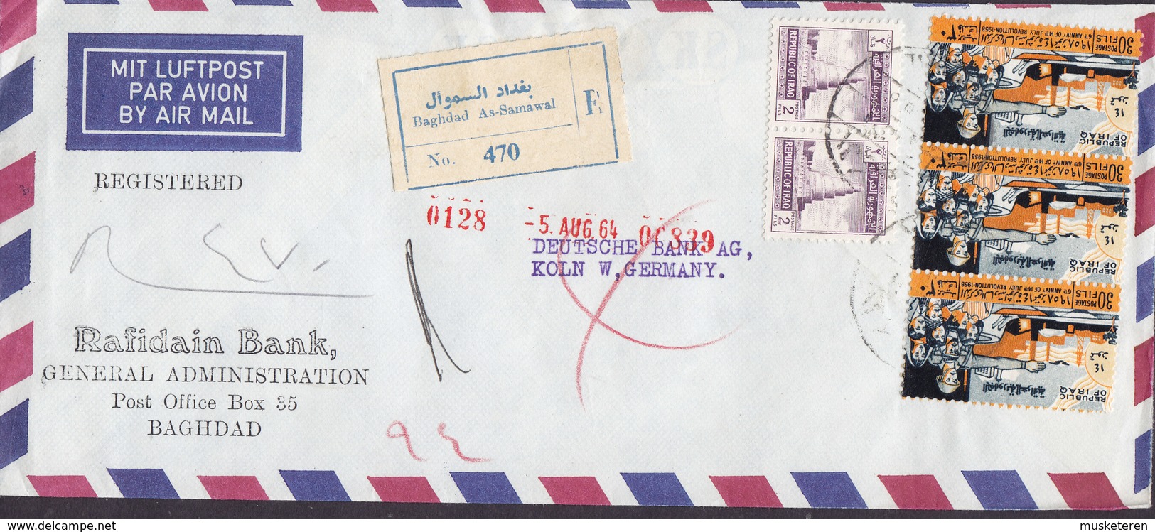 Iraq RAFIDAIN BANK Registered Einschreiben Label BAGHDAD As-Samawal 1964 Cover Lettre DEUTSCHE BANK Germany 3-Stripe - Irak