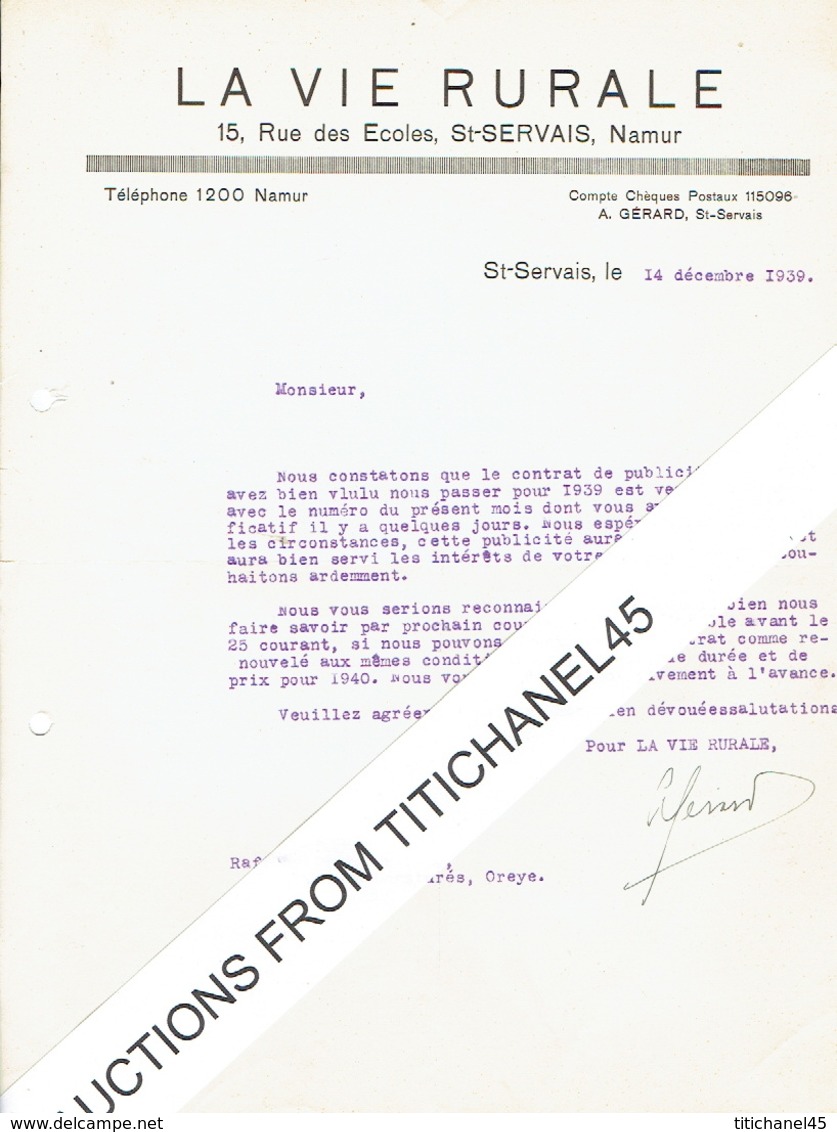 Lettre 1939 SAINT-SERVAIS - LA VIE RURALE - Journal - Andere & Zonder Classificatie