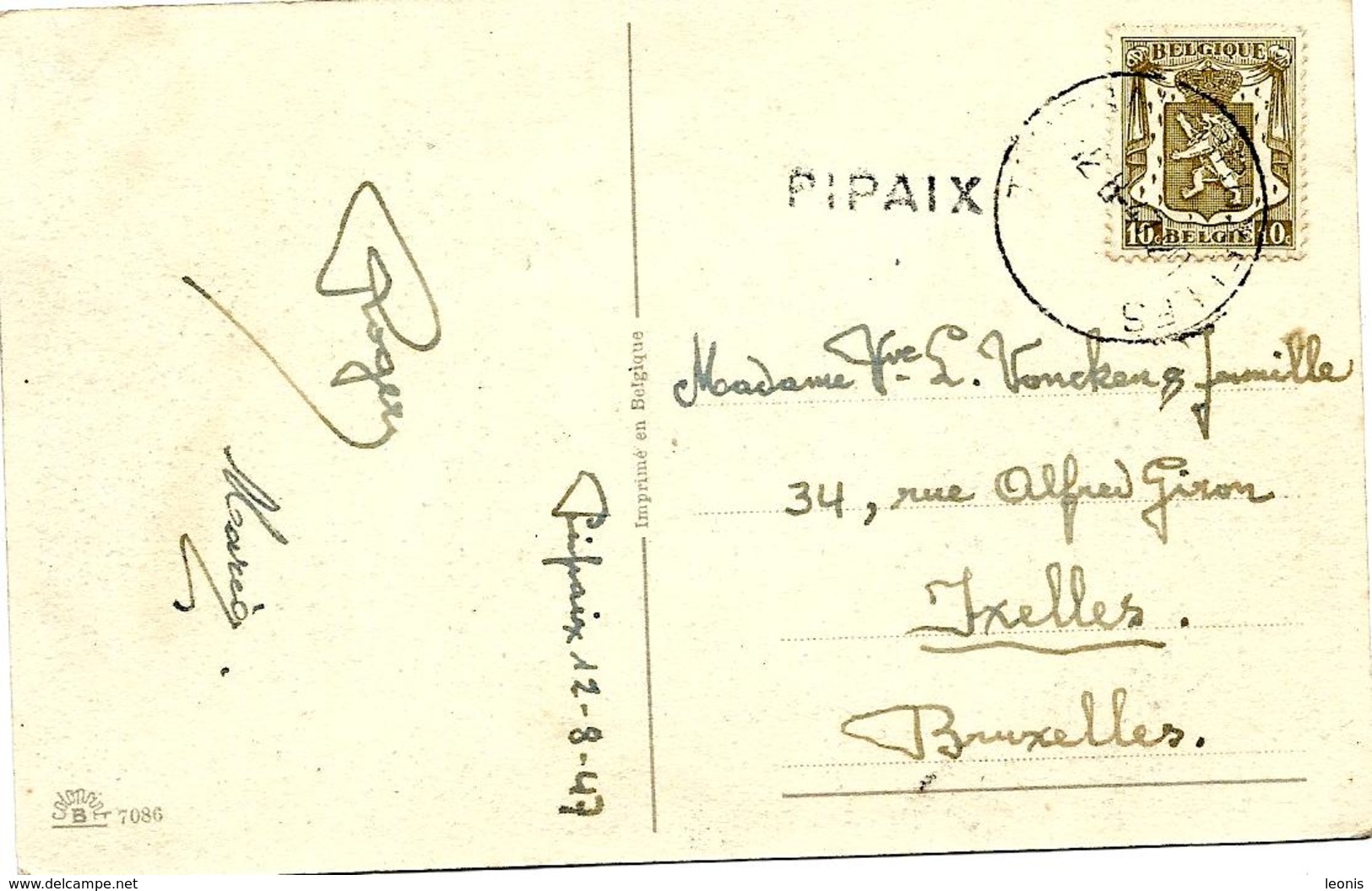 LE 0069 - N° 420 Obl. AMBULANT TOURNAI-BRUXELLES 12.8.47 + GRIFFE PIPAIX V. Ixelles. Peu Ct - Linear Postmarks