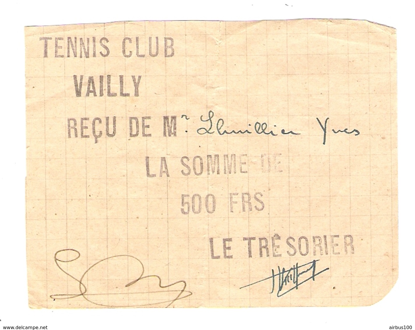 VAILLY Sur AISNE (02) - RECU De 500 Frs COTISATIONS TENNIS CLUB De VAILLY Sur AISNE - Autres & Non Classés