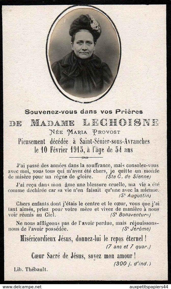 Faire-Part De Décès & Photo Madame Lechoisne Née Maria Provost Décédée à St-Sénier-Sous-Avranches Le 10.021915 à 54 Ans - Todesanzeige