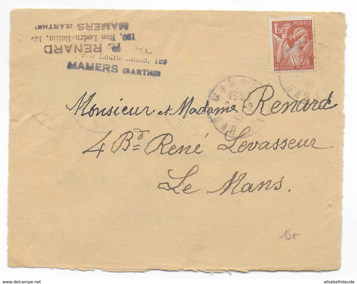 1945 - MERCURE RF + IRIS - ENVELOPPE REUTILISEE (ECONOMIE) Avec AFFR. RECTO VERSO ALLER ET RETOUR ! DEVANT DE LETTRE - 1938-42 Mercurio