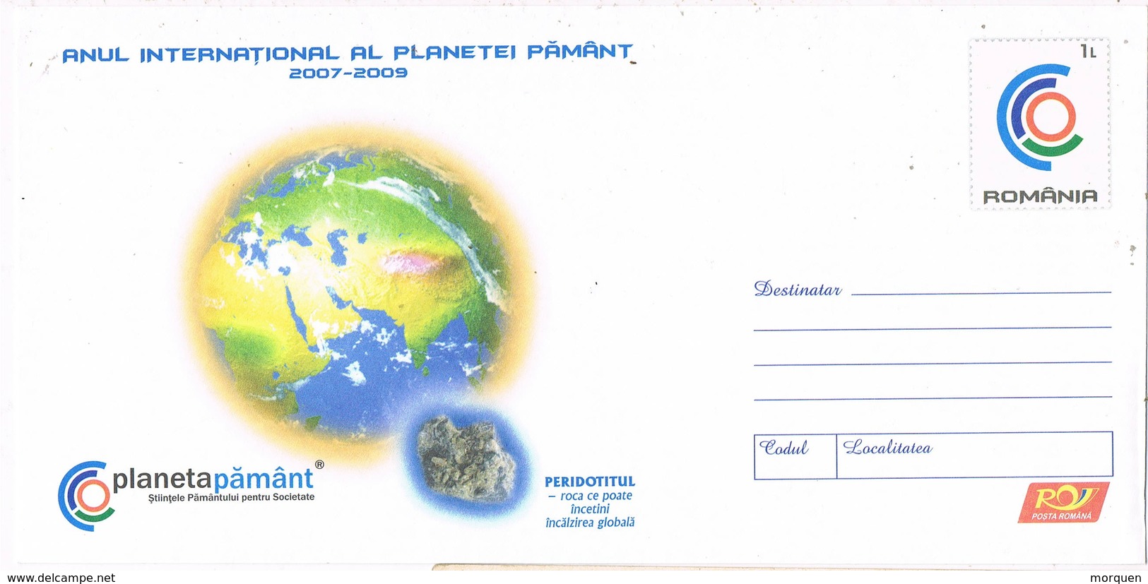 33627. Carta Entero Postal RUMANIA 2009. Año Internacional Planeta Tierra. PERIDOTITA Roca, Mineral - Enteros Postales