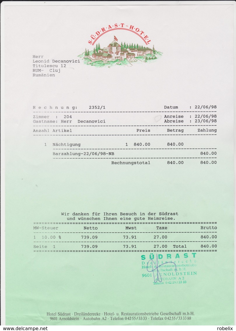 AUSTRIA -Invoice - Facture -Rechnung  Das Zimmer  SÜDRAST HOTEL1998 (zusammen Mit Einem Umschlag Für Ihre) 2 Scans - Autriche