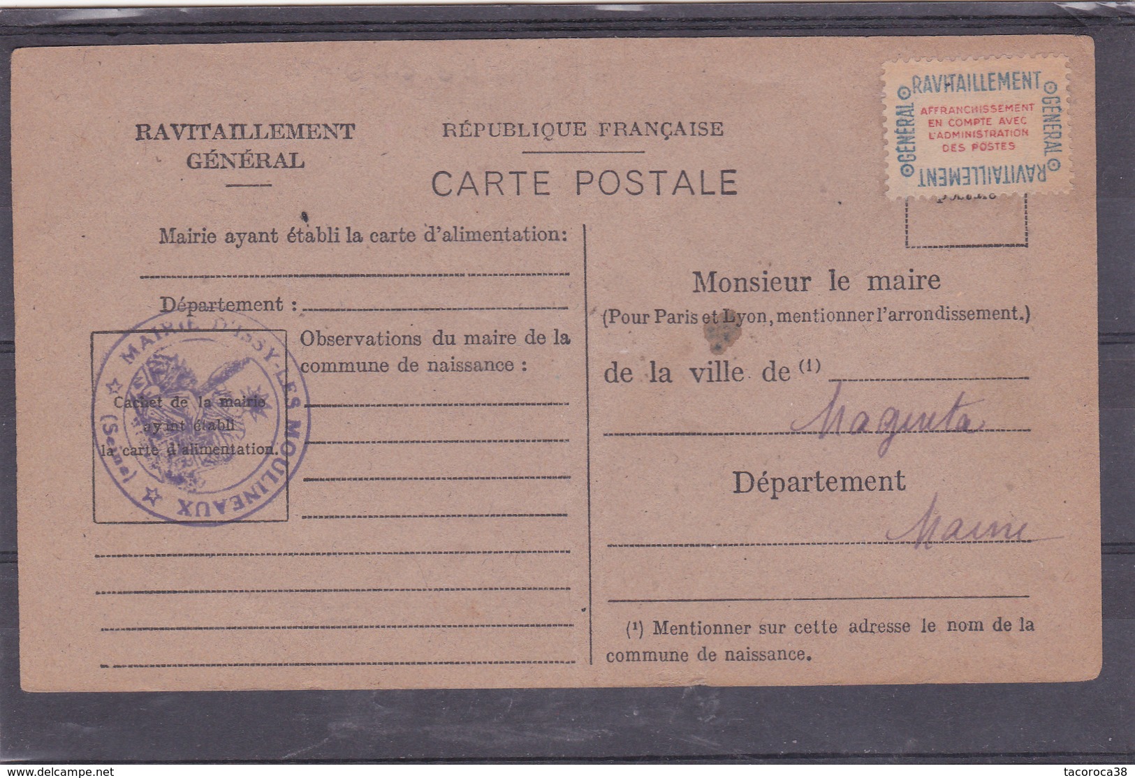 Cad : YSSY LES NOULINEAUX - Ravitaillement Général Avec Vignette N° 15A - Guerre 1939/1945 - 2 Scans - Achat Immédiat - - Lettres & Documents