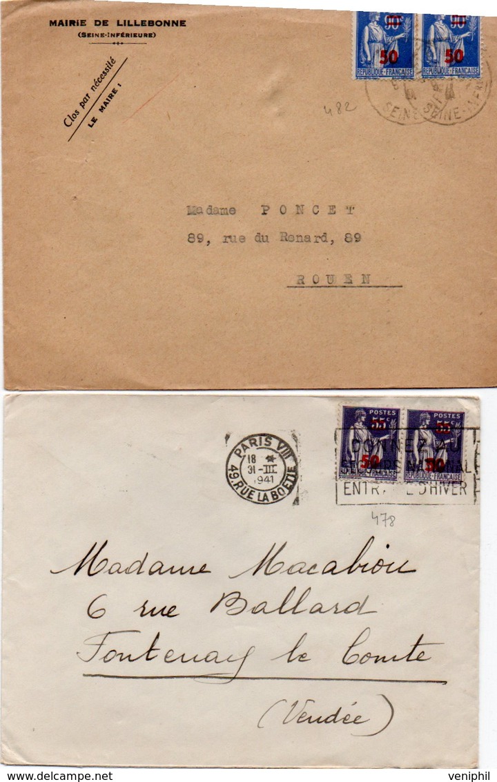 2  LETTRES AFFRANCHIES N° 478 X2 +LA SECONDE N° 482 X2  - ANNEE 1941 - 1921-1960: Période Moderne