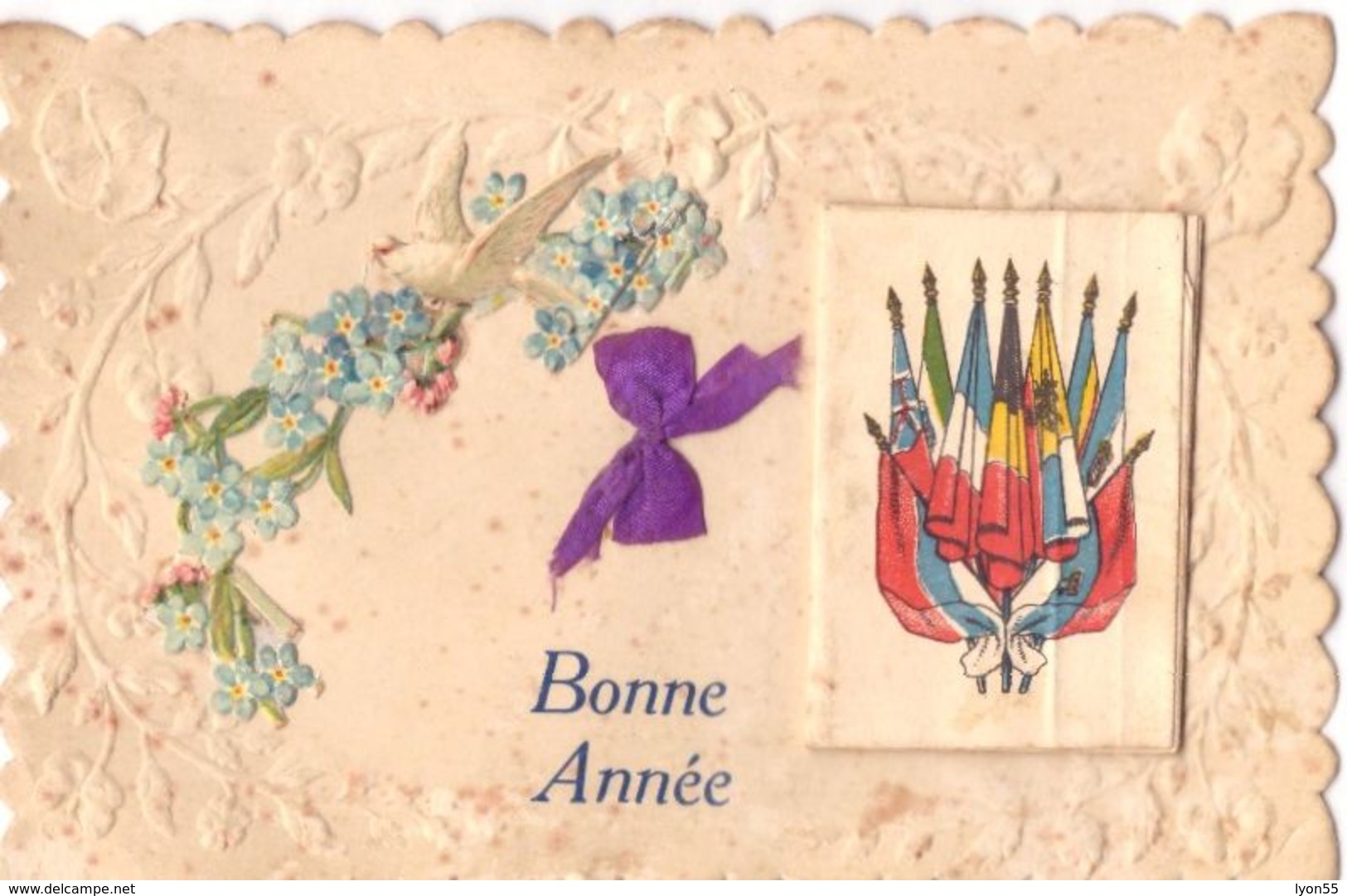 Carte Avec Découpages Et Collages : Bonne Année   Fleurs Et Calendrier 1917 Collé - New Year