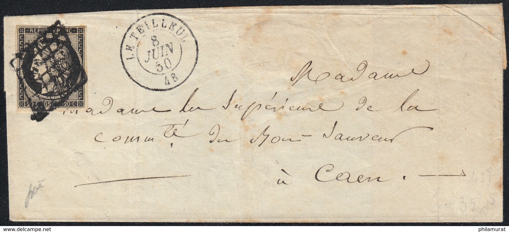 N°3, 20c Noir, Lettre De LE TEILLEUL Manche Pour Caen 1850 - Signé BAUDOT - 1849-1850 Cérès