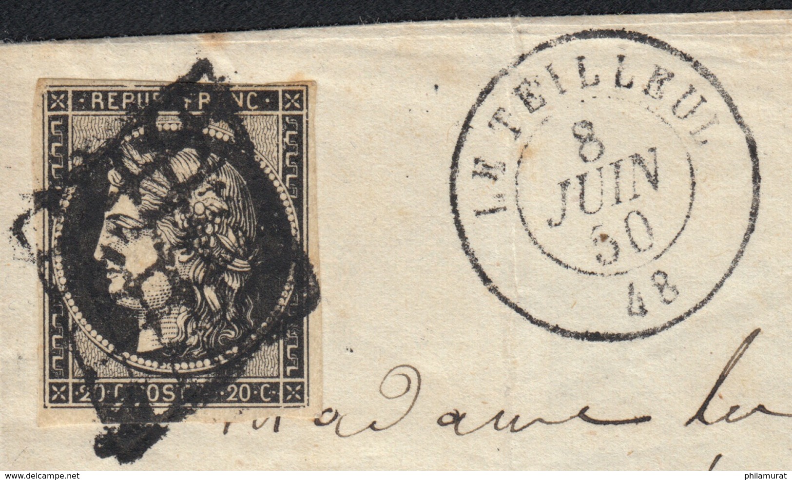 N°3, 20c Noir, Lettre De LE TEILLEUL Manche Pour Caen 1850 - Signé BAUDOT - 1849-1850 Cérès