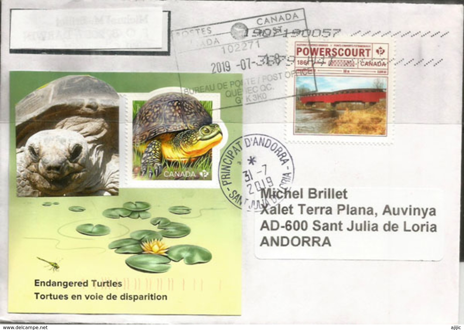 Endangered Turtles.Tortues En Voie De Disparition.Tortue Mouchetée.Bloc-feuillet Canada 2019, Sur Lettre Andorra - Tortues