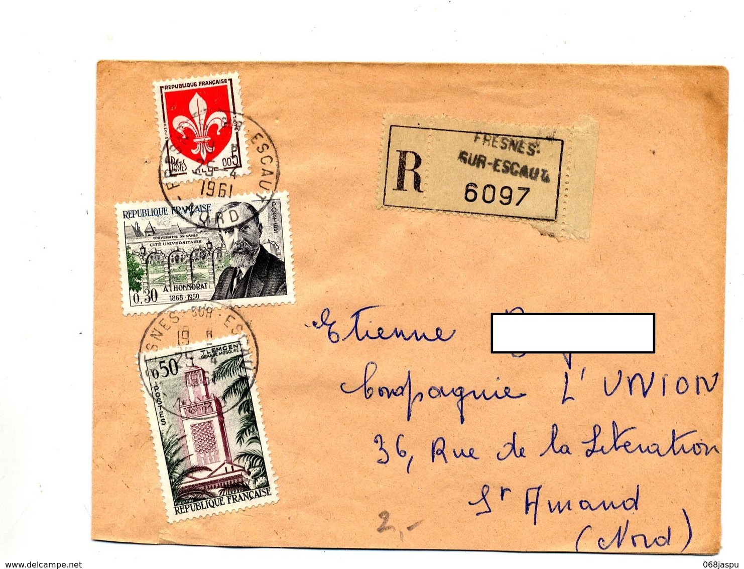 Lettre Recommandée Fresnes Sur Escaut Sur Honnorat Tlemcen - Manual Postmarks